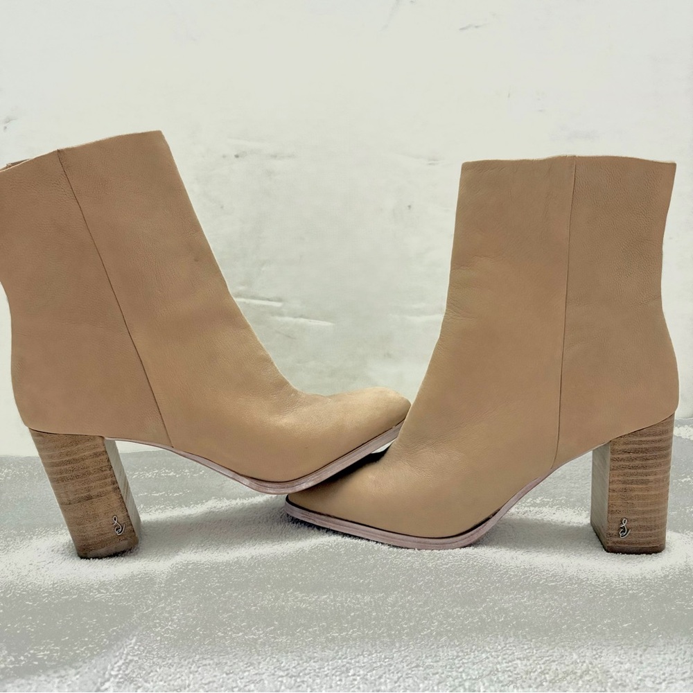 Sam Edelman Nude Leather Ankle Booties Block Heel Size 8.5
